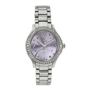 Titan 95024SM02 purple dial quartz analog watch with silver stainless steel strap for women 30mm
