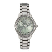 Titan 95024SM03 green dial quartz analog watch with silver stainless steel strap for women 30mm