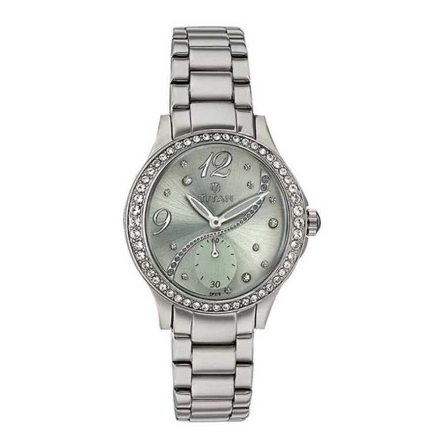 Titan 95024SM03 Green Dial Quartz Analog Watch with Silver Stainless Steel Strap for Women 30mm