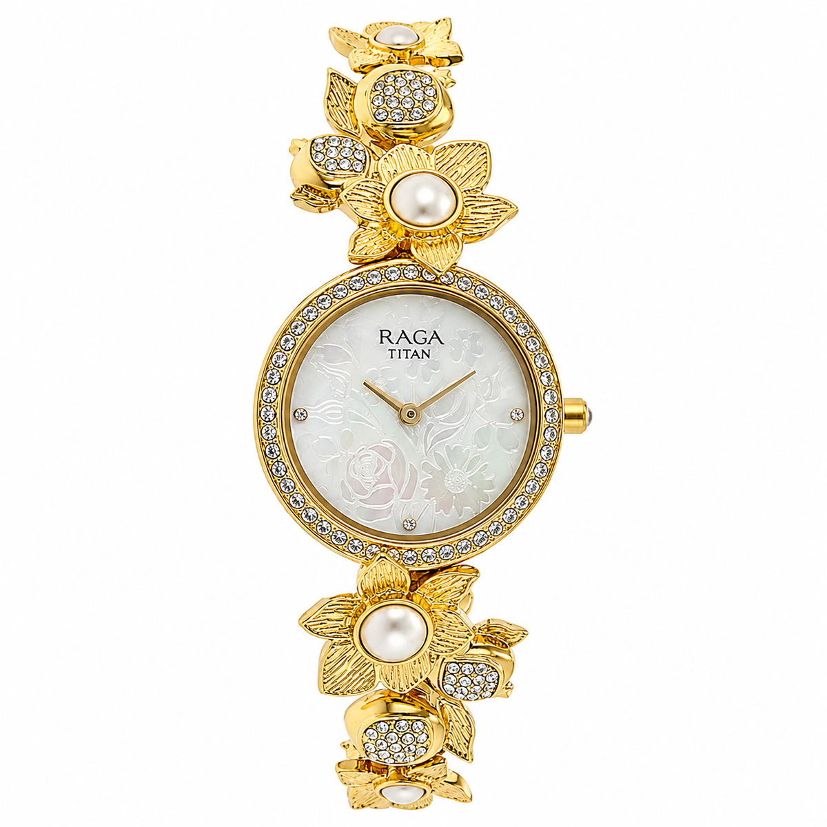 Titan 95043YM01 Raga Aurora Mother of Pearl Dial Quartz Analog Golden Metal Strap Watch for Women 28mm