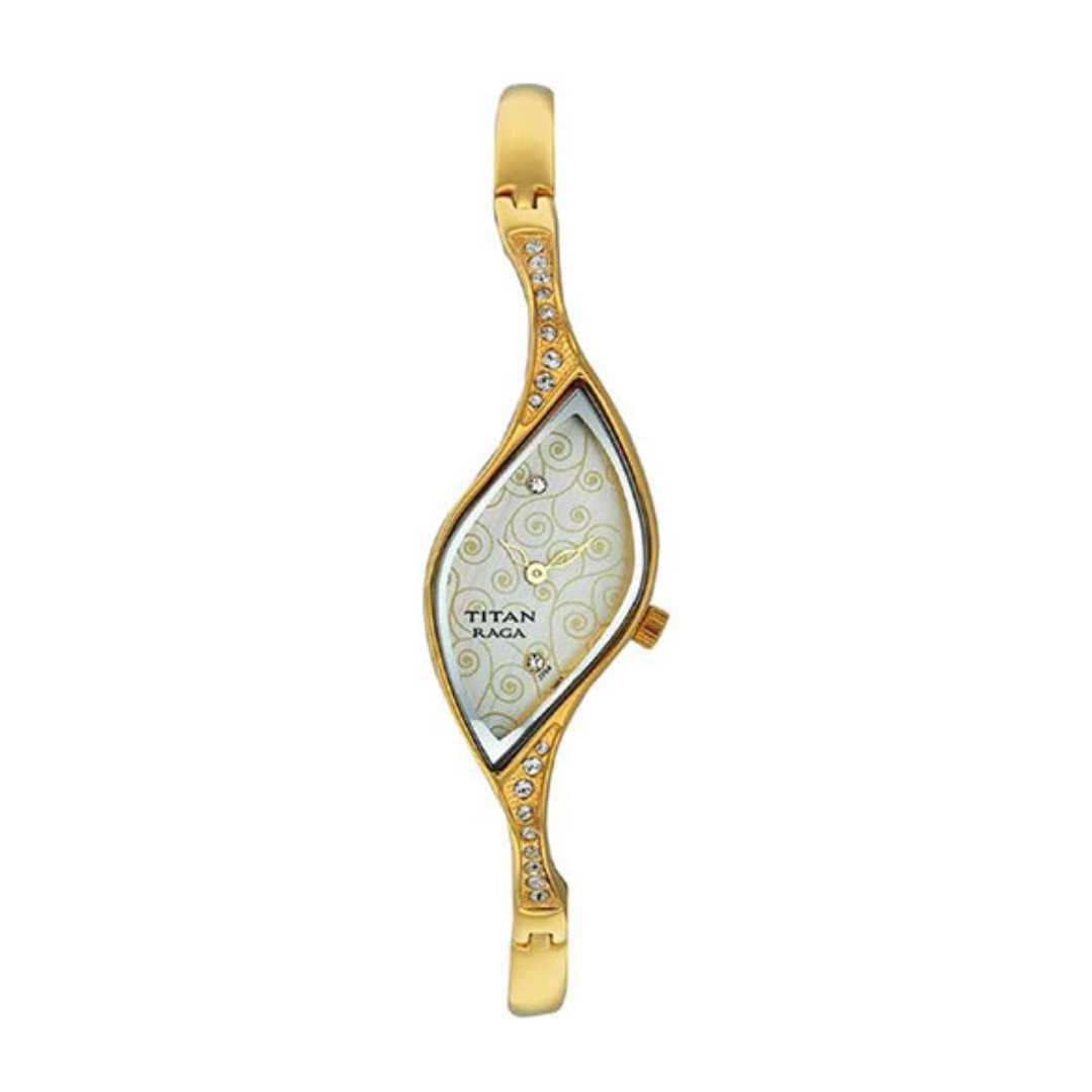 Titan 9710YM01 Raga White Dial Quartz Analog Watch with Golden Metal Strap for Women 17mm
