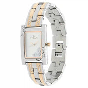 Titan 9716KM01 women's watch with silver rectangular dial and two-tone metal strap