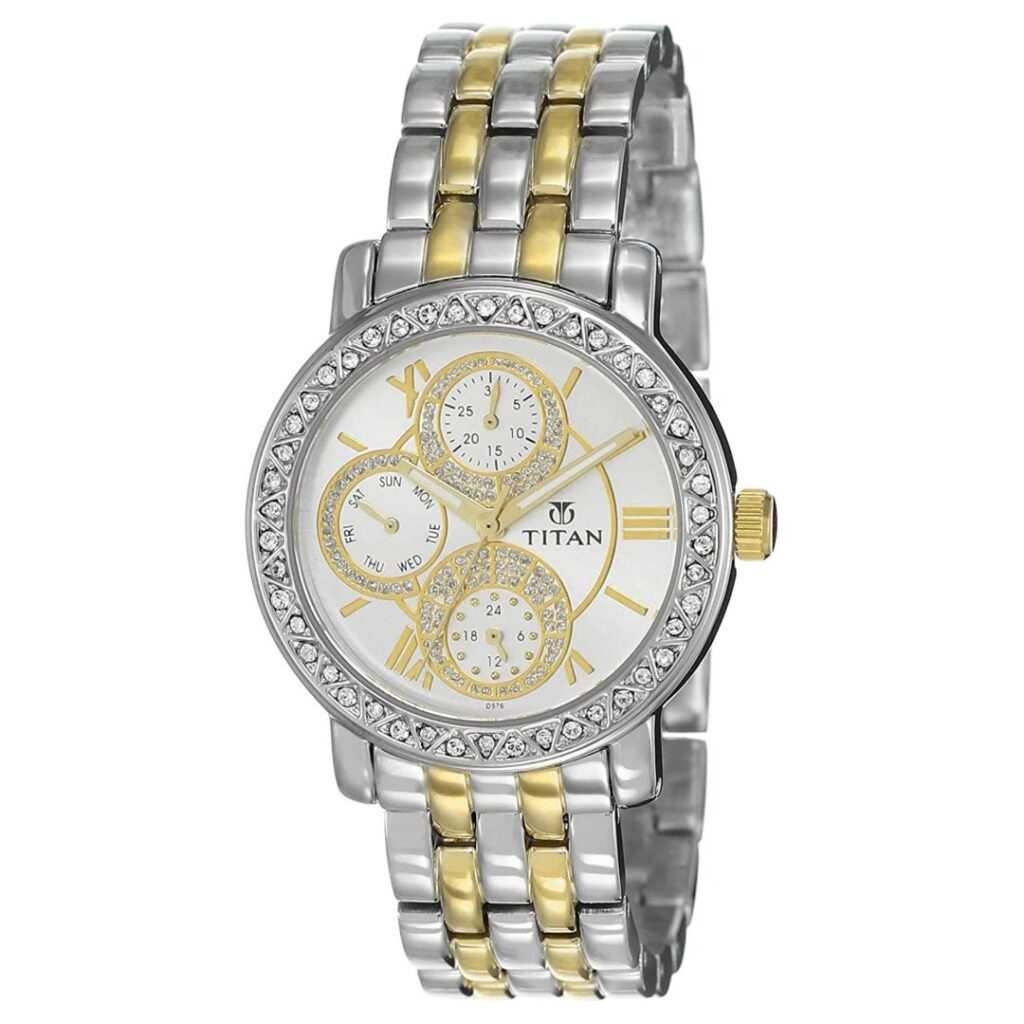 Titan 9743BM01 Silver Dial Quartz Analog Watch with Two-Tone Metal Strap for Women 34mm