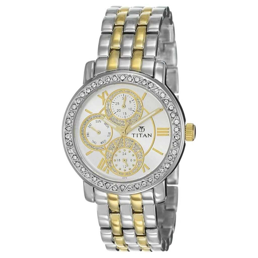Titan 9743BM01 Silver Dial Quartz Analog Watch with Two-Tone Metal Strap for Women 34mm