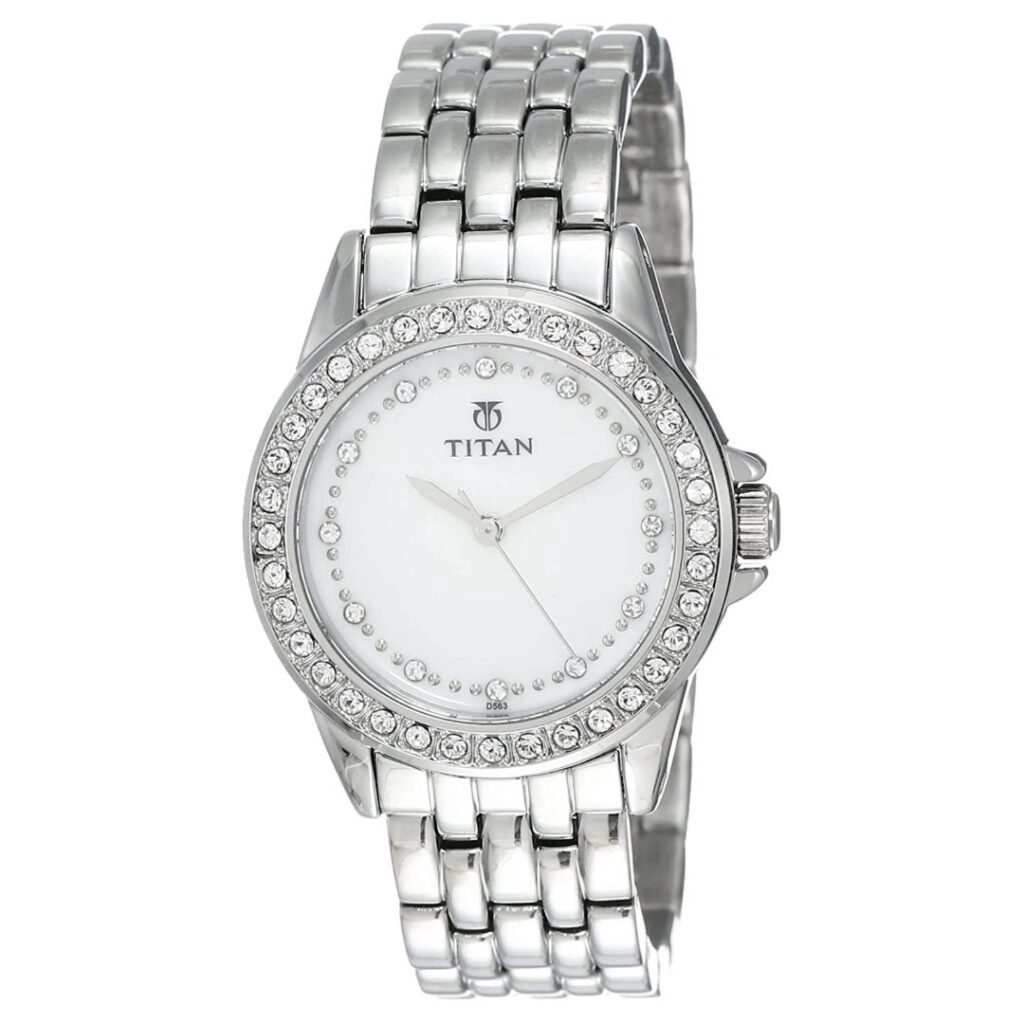 Titan 9798SM02 White Dial Quartz Analog Watch with Silver Metal Strap for Women 32mm
