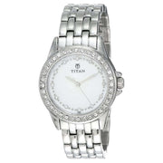 Titan 9798SM02 white dial quartz analog watch with silver metal strap for women 32mm