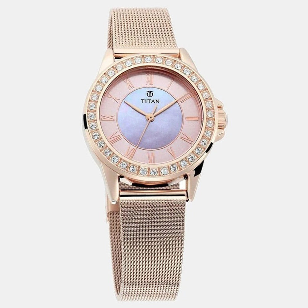 Titan 9798WM04 Sparkle Pink Dial Quartz Analog Watch with Rose Gold Stainless Steel Strap for Women 32mm