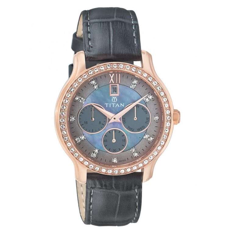Titan 9956WL03 Mother of Pearl Dial Quartz Analog Watch with Black Leather Strap for Women 38mm