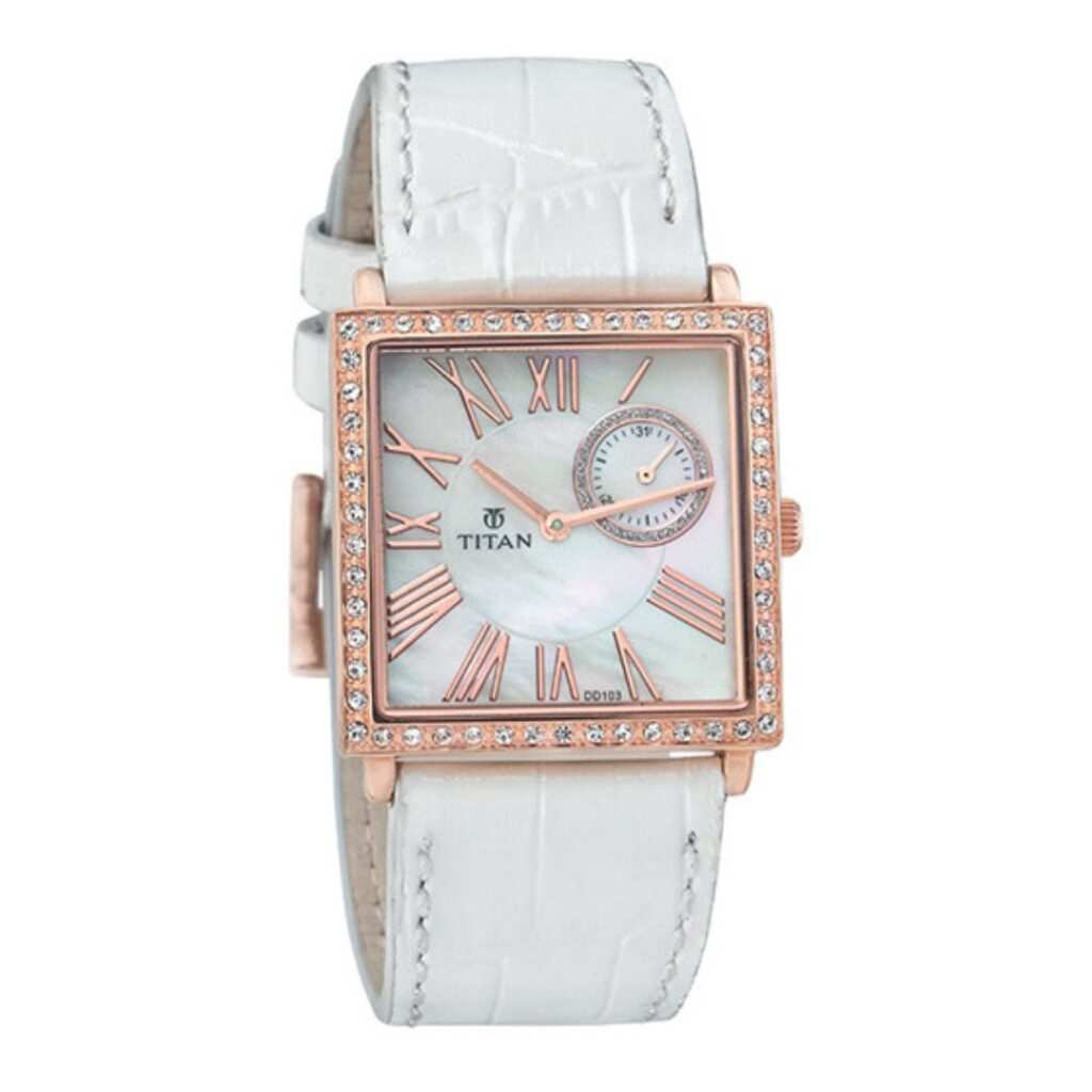 Titan 9961WL01 Mother of Pearl Dial Quartz Analog Watch with Date White Leather Strap for Women 30mm