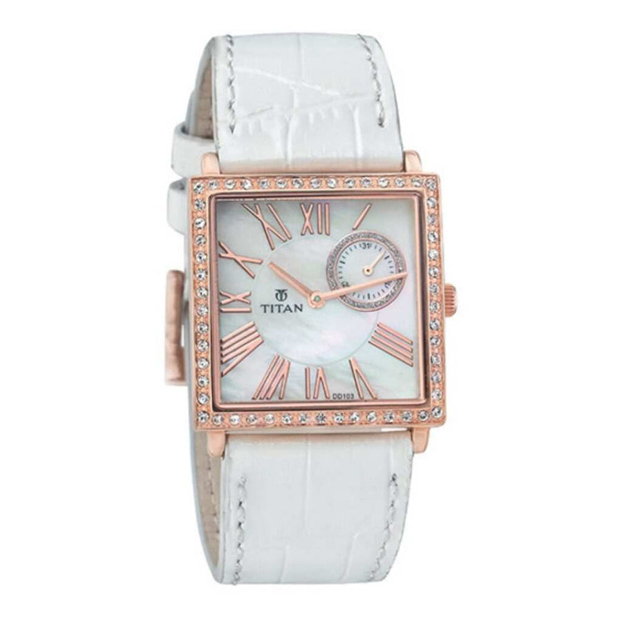 Titan 9961WL01 Mother of Pearl Dial Quartz Analog Watch with Date White Leather Strap for Women 30mm
