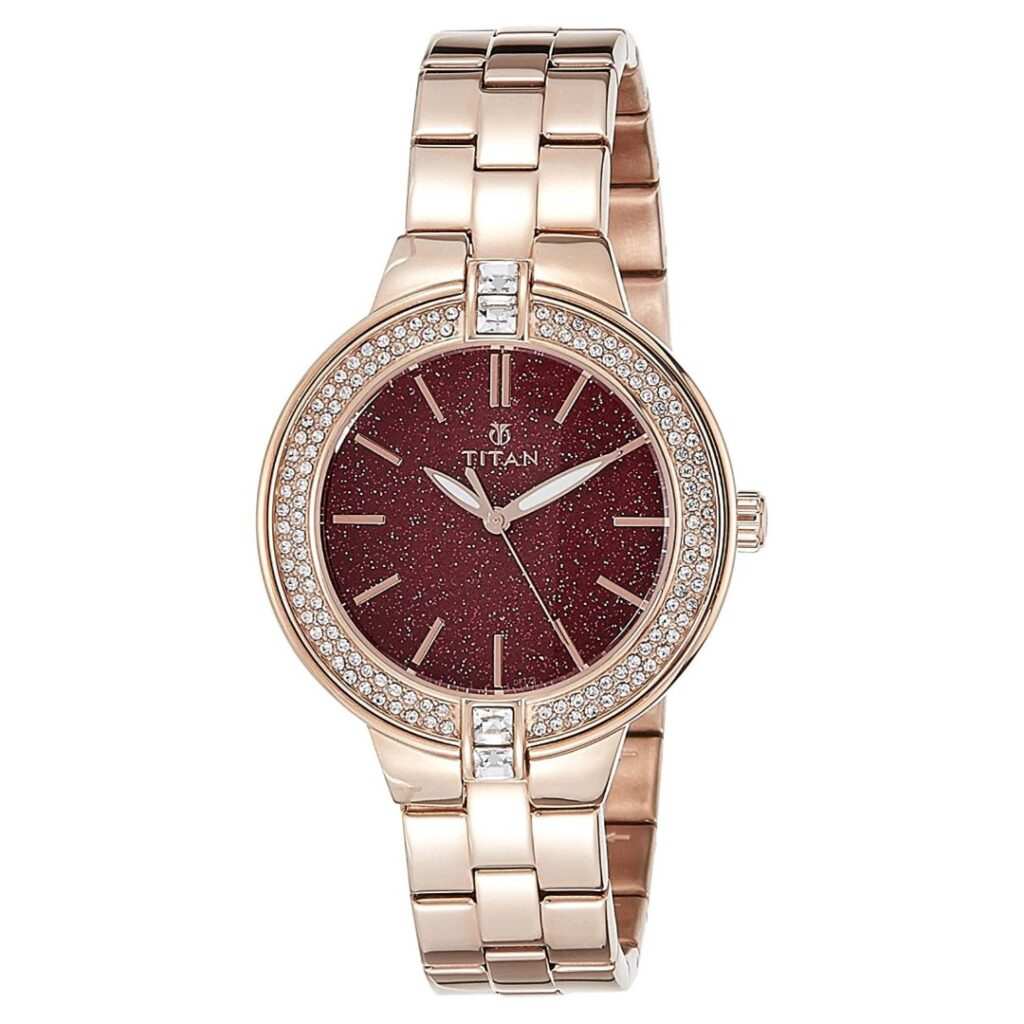 Titan 9967WM02 Raga Red Dial Quartz Analog Rose Gold Stainless Steel Watch for Women 38mm