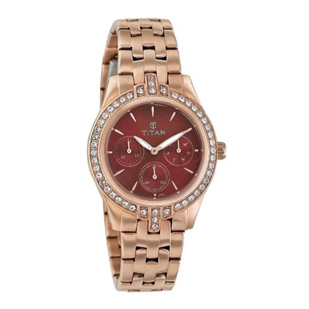 Titan 9968WM01J Multifunction Maroon Dial Quartz Rose Gold Stainless Steel Watch for Women 36mm